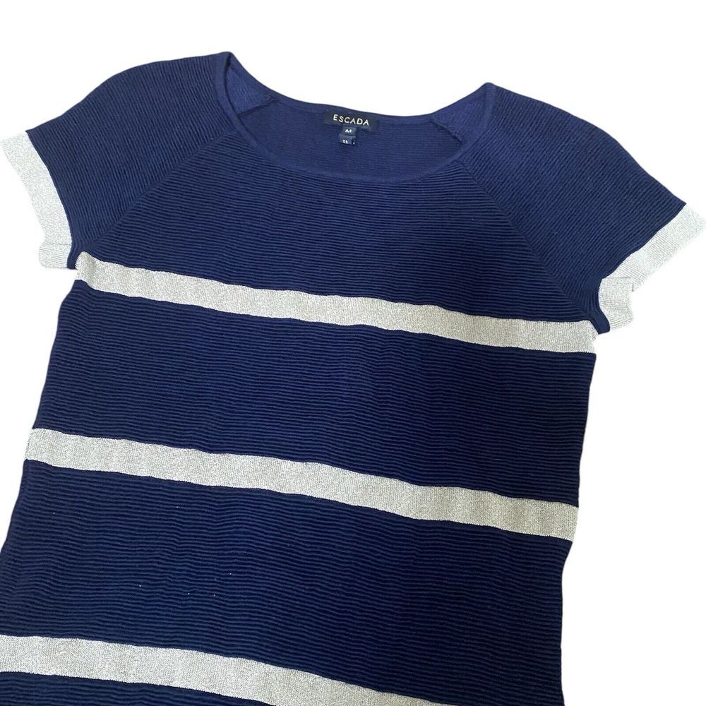 Escada Knit Sweater Womens Size Mediumโ Navy Stripe Short Sleeve Wool Silk